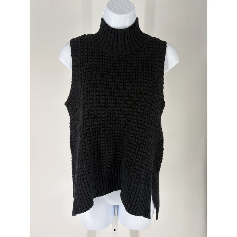 French Connection Black Textured Waffle Knit Mock Neck Sweater Vest